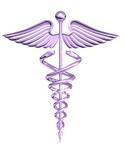 A purple caduceus with wings and a snake.