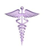 A purple medical symbol with wings and a snake.